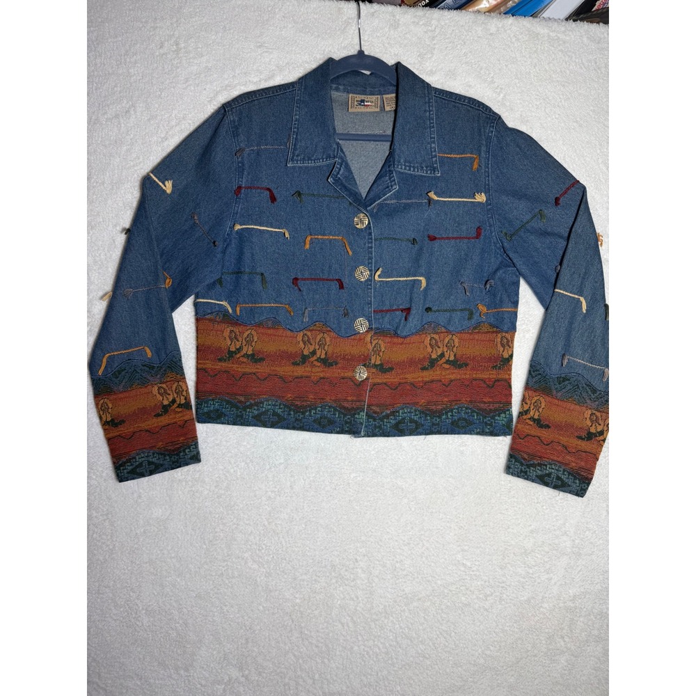 Don't Mess With Texas Denim Jacket Womens M  Blue vintage Southwestern 90's boho